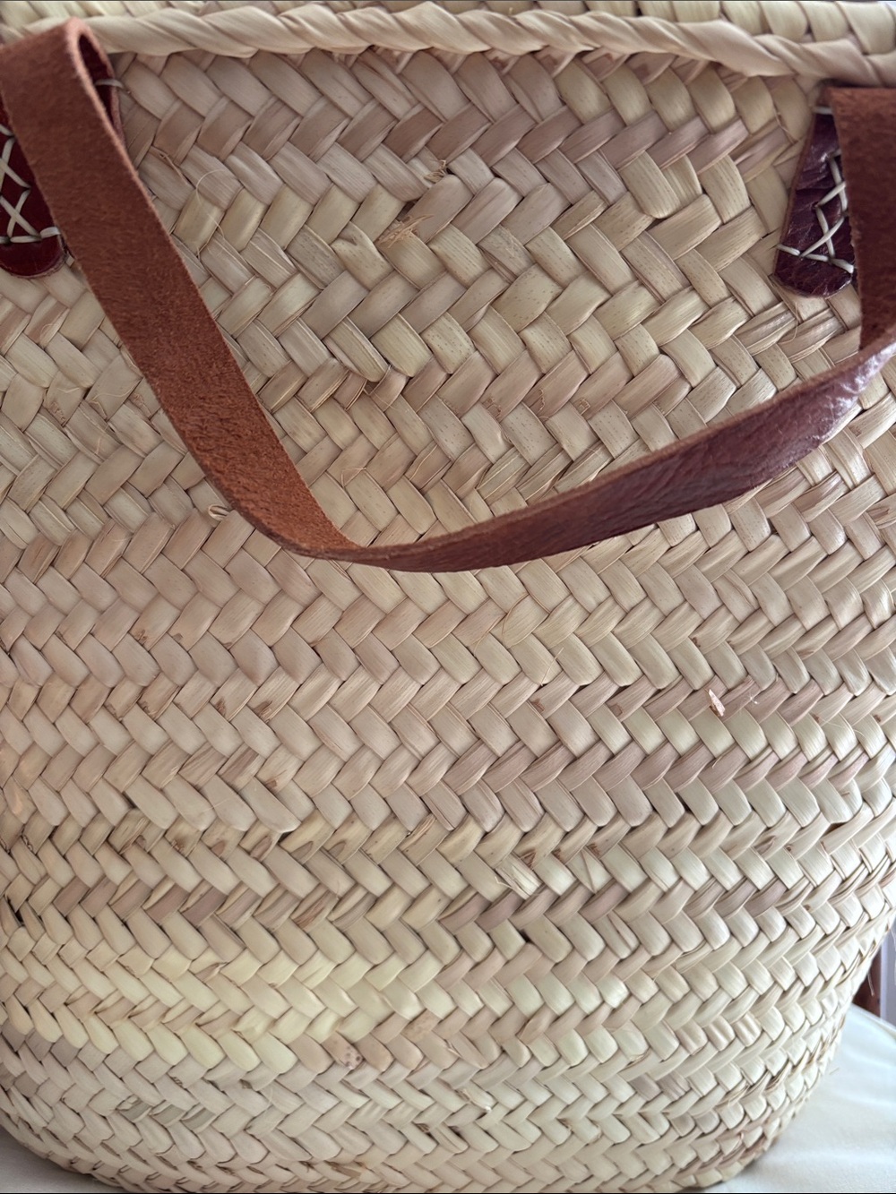 Irregular Woven Straw Tote Bag with Brown Leather Handles "G” - Picture 4 of 4